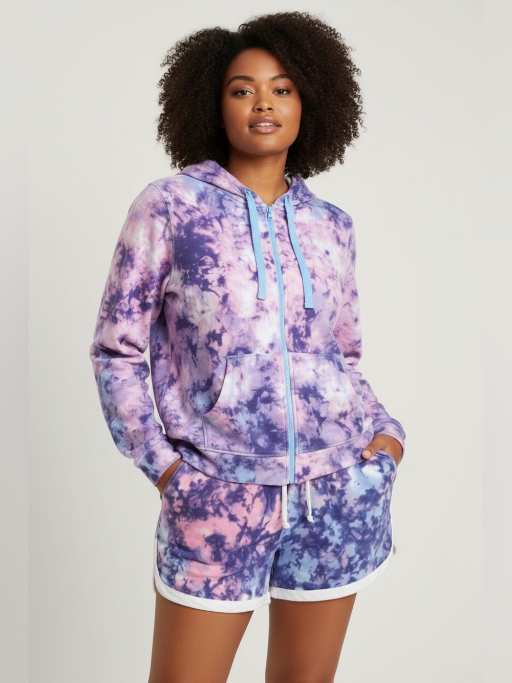 Tie-Dye Hoodie & Shorts Set - Pink Purple Blue